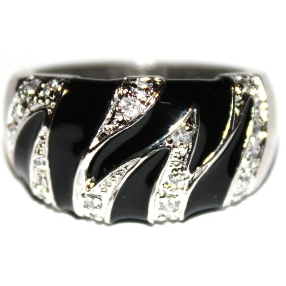 Womens Black Enamel Clear Cz Cubic Zirconia Zebra Striped Band Silver Ring 7 - Picture 1 of 4